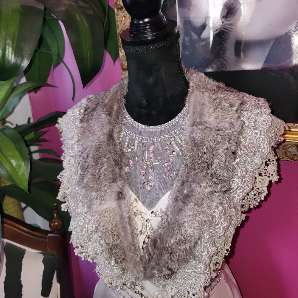 Rabbit fur collar  or scarf with crochet lace trim